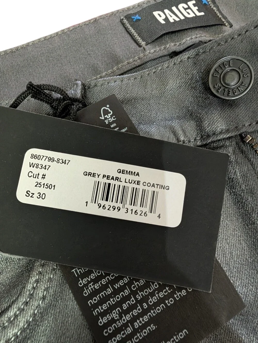 PAIGE Gemma Grey Pearl Luxe Coated Jeans NWT Size 30 Metallic Straight Leg